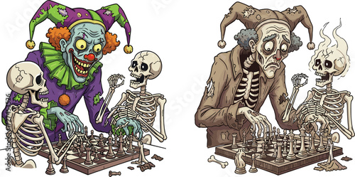 Skeletons playing chess, creepy clowns, cartoon horror scene, Halloween illustration, spooky strategy game, ghostly atmosphere, eerie contrast, fantasy undead art