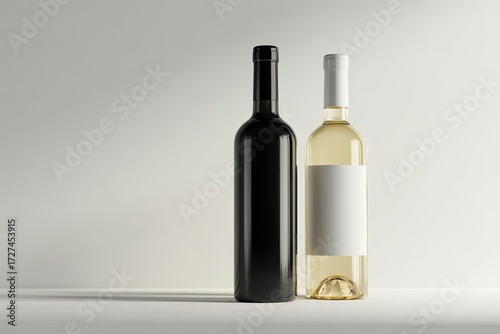 Two wine bottles, one black, one white, on a plain background
