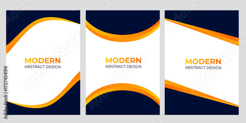 Set of three modern abstract design templates with dark navy blue, white, and vibrant orange geometric shapes.