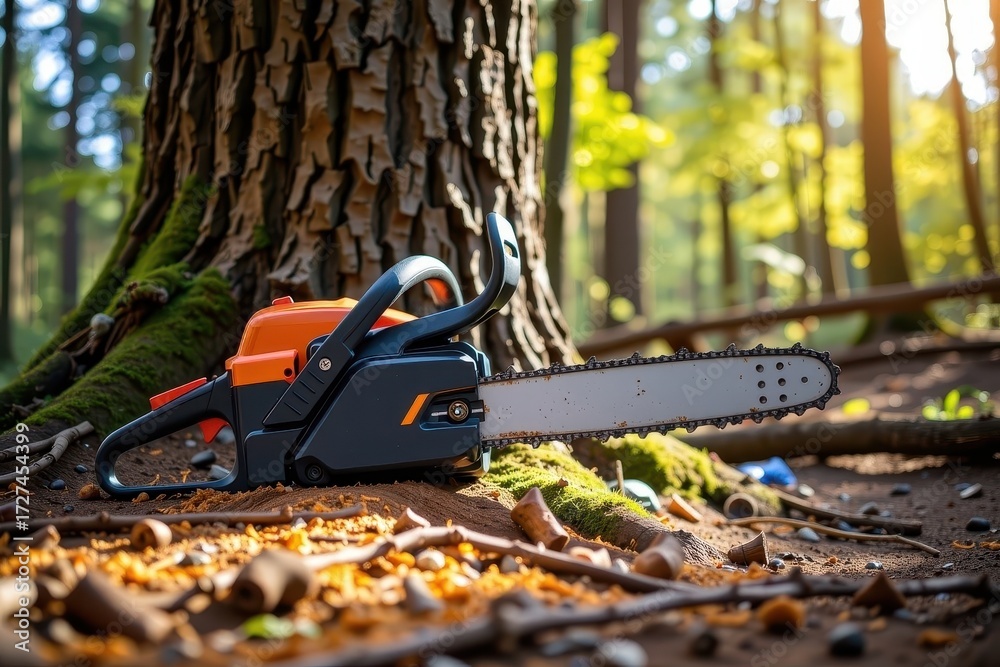 Naklejka premium A powerful chainsaw rests against a moss-covered tree trunk in a sun-dappled forest clearing, ready for work. The sharp teeth gleam, sawdust scattered nearby, tool, woods
