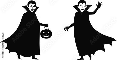 Cartoon vampire silhouettes with capes, fangs, and jack o lantern bucket, friendly Halloween characters perfect for spooky celebration vector illustration