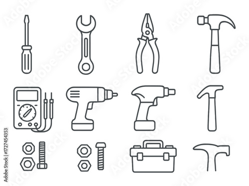 Collection of hand tools on grayscale background featuring hammer, wrench, and screwdriver