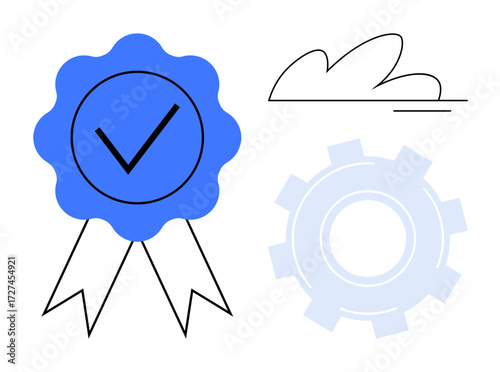 Award ribbon with check mark, gear symbol representing functionality, and abstract cloud design. Ideal for certification, quality assurance, success, innovation, reliability, acknowledgment