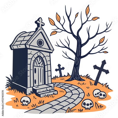 Spooky Graveyard Halloween Cartoon Illustration