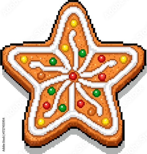 A pixelated star-shaped gingerbread cookie decorated with white icing and colorful candies.