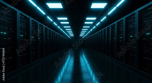 Futuristic Data Center Hallway with Blue Lighting