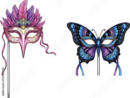Elegant masquerade masks vector illustration with ornate feather decorations, butterfly design, carnival party accessories, festive costume elements, colorful decorative artwork