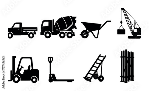 Silhouettes of construction vehicles and equipment with crane and concrete mixer