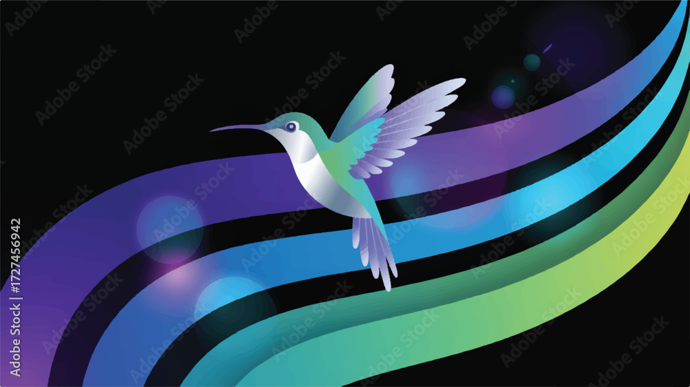 Fototapeta premium Vector art of hummingbird in flight with colorful rainbow background