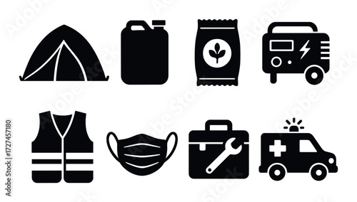 Emergency preparedness icons: tent, fuel, food, generator, vest, mask, toolkit, ambulance