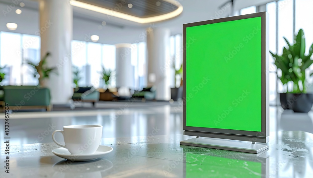 Fototapeta premium A coffee cup sits near a green screen display within a modern, bright lobby.