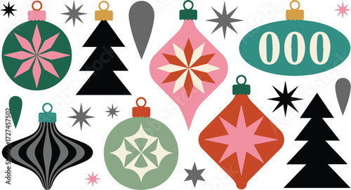 Vector art of retro christmas ornaments and starbursts in midcentury modern style