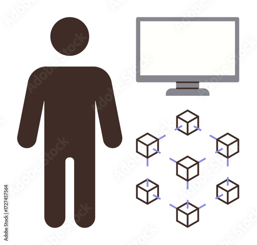 Person beside computer screen and interconnected blockchain cubes symbolizing communication, innovation, and digitization. Ideal for technology, decentralization, blockchain, networks, education