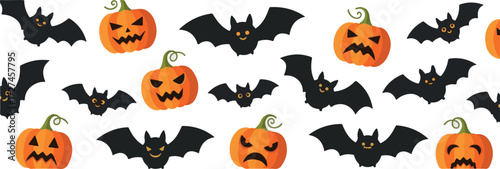 Halloween Seamless Pattern with Cartoon Pumpkins and Flying Bats