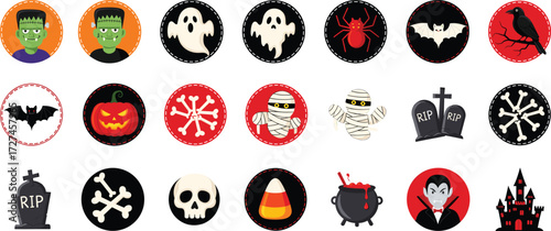 Halloween spooky icons collection with pumpkin, ghost, bat, skull, mummy, spider, castle, cauldron, gravestone, vampire, bone, crow, candy corn