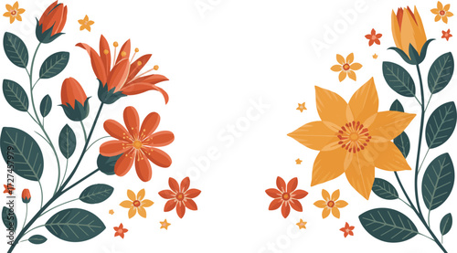Vector art of floral harmony with orange and yellow flowers and leaves