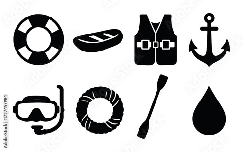 Silhouette set: life buoy, life vest, anchor, oar, snorkel mask, fish, lifesaver, raft