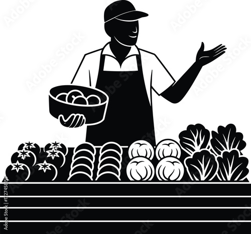 Farmer at produce stall vector with fresh vegetables and fruits, black and white illustration, local food market concept artwork