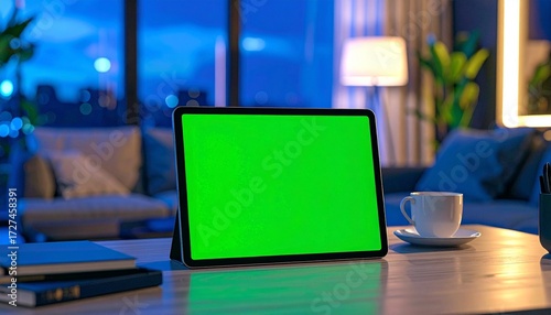 Wallpaper Mural Tablet with a green screen sits on a table in a cozy, modern living room setting. Torontodigital.ca