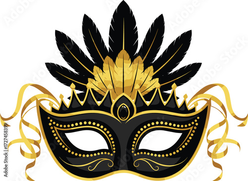 Masquerade mask with gold feathers, ornate crown design, elegant carnival party costume accessory vector illustration for celebration, festival, and decoration