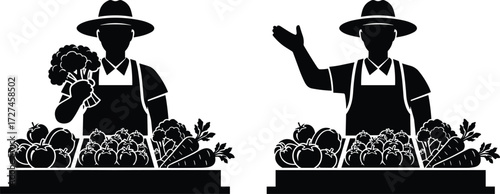 Farmer silhouette vector with vegetable display table, black and white illustration, local produce market, healthy food concept artwork