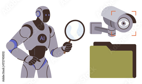 AI robot holding magnifying glass near surveillance camera and folder, symbolizing data analysis, privacy, surveillance, cybersecurity, artificial intelligence, research, and digital monitoring