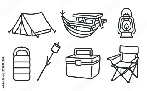 Camping essentials: tent, hammock, lantern, sleeping bag, cooler, marshmallow stick, chair