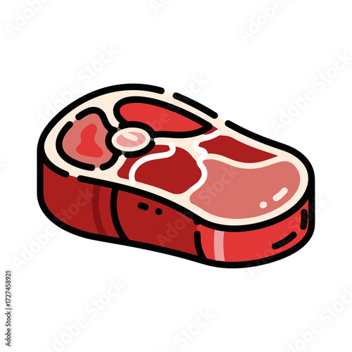 A bold graphic illustration of a thick raw beef steak with a central bone and fat marbling.