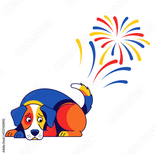 A frightened colorful cartoon dog with a sad expression cowering from fireworks.