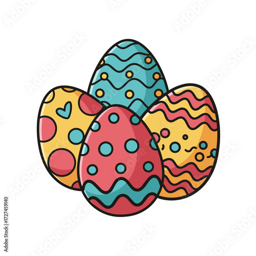 A vibrant cartoon cluster of five decorated Easter eggs with bold patterns like hearts circles and waves.
