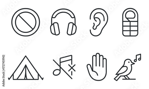 Sound and silence icons: headphones, ear, noise control, camping, music note, bird