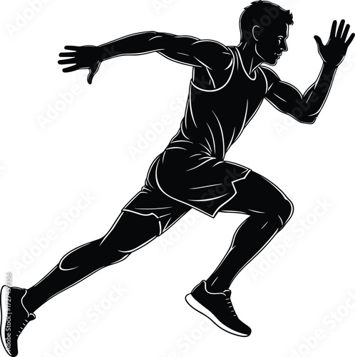 Running silhouette vector of athletic person in mid-stride, black and white illustration, dynamic motion, sports fitness activity graphic design