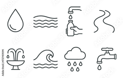 Water icon set: drops, waves, streams, fountains, clouds, taps