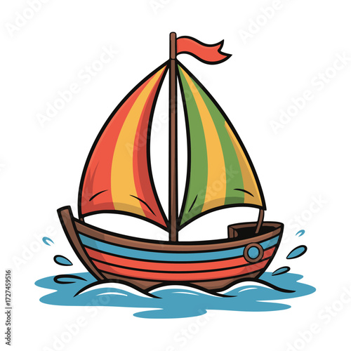 Colorful cartoon sailboat with striped sails floating on blue water, isolated on white background technology background