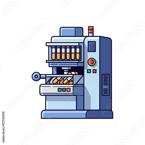 Automated Pharmaceutical Production Machine with Capsules and Vials.