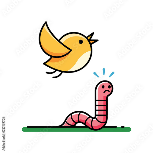 Cartoon Bird Flying Above a Worried Pink Worm on Green Ground.
