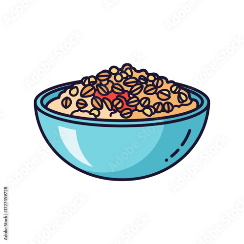 Cartoon bowl of creamy oatmeal with golden grains and red berry pieces.