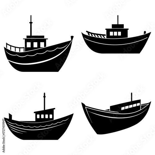 Four black silhouette illustrations of different boat designs on a white background in a square layout