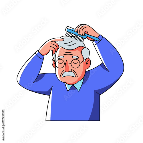 Cartoon Elderly Man Combing Thinning Gray Hair with a Blue Brush.