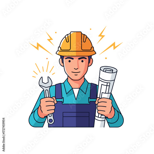 Cartoon Engineer Holding Wrench and Blueprint Wearing Safety Helmet.