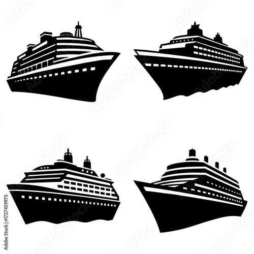 Four black and white cruise ship illustrations with various angles and perspectives on a white background set