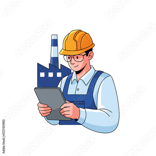 Cartoon Factory Worker with Tablet and Yellow Hard Hat Illustration.