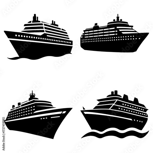 Four cruise ships in silhouette showcasing different angles and perspectives of the vessels at sea view