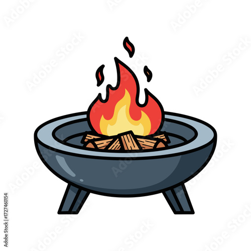 Cartoon Illustration of a Fire Pit with Burning Flames and Logs.