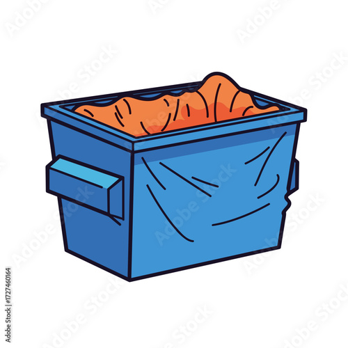 Cartoon Illustration of a Full Blue Dumpster with Orange Waste.