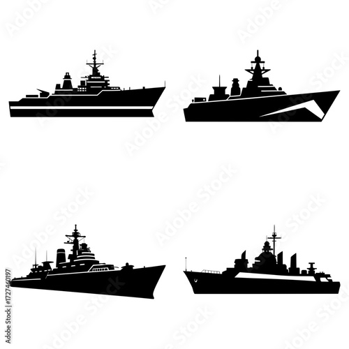 Four silhouette warships with detailed structures and varied designs on a white background display image