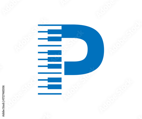 Letter p integrated with piano keys blue design
