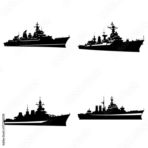 Four silhouettes of warships arranged in a square formation against a white background display naval power