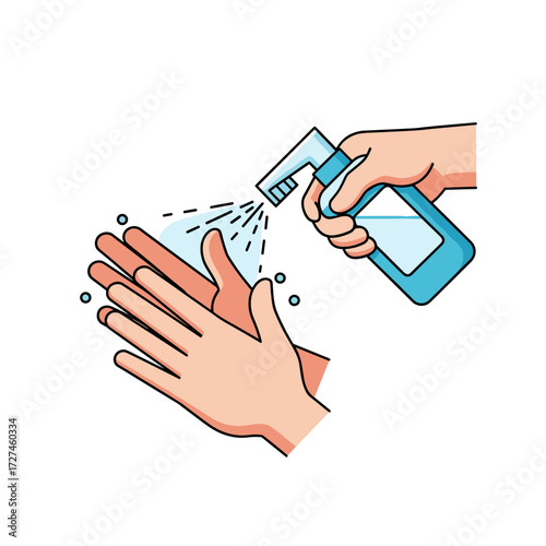 Cartoon Illustration of Hands Sanitizing with Spray Bottle Hygiene Concept.