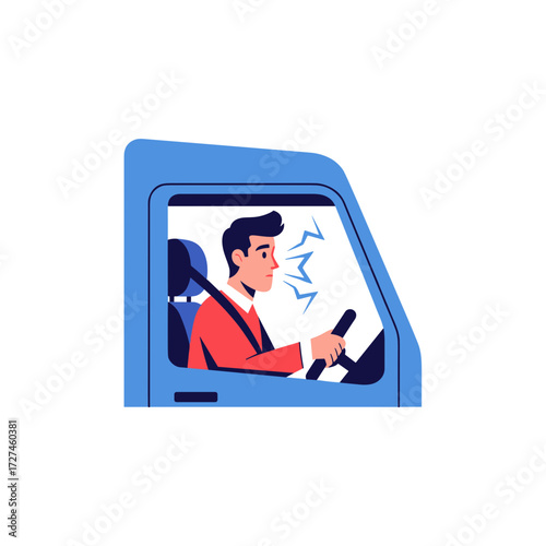 Cartoon Man Driving Blue Car with Zzz Sleep Bubbles.